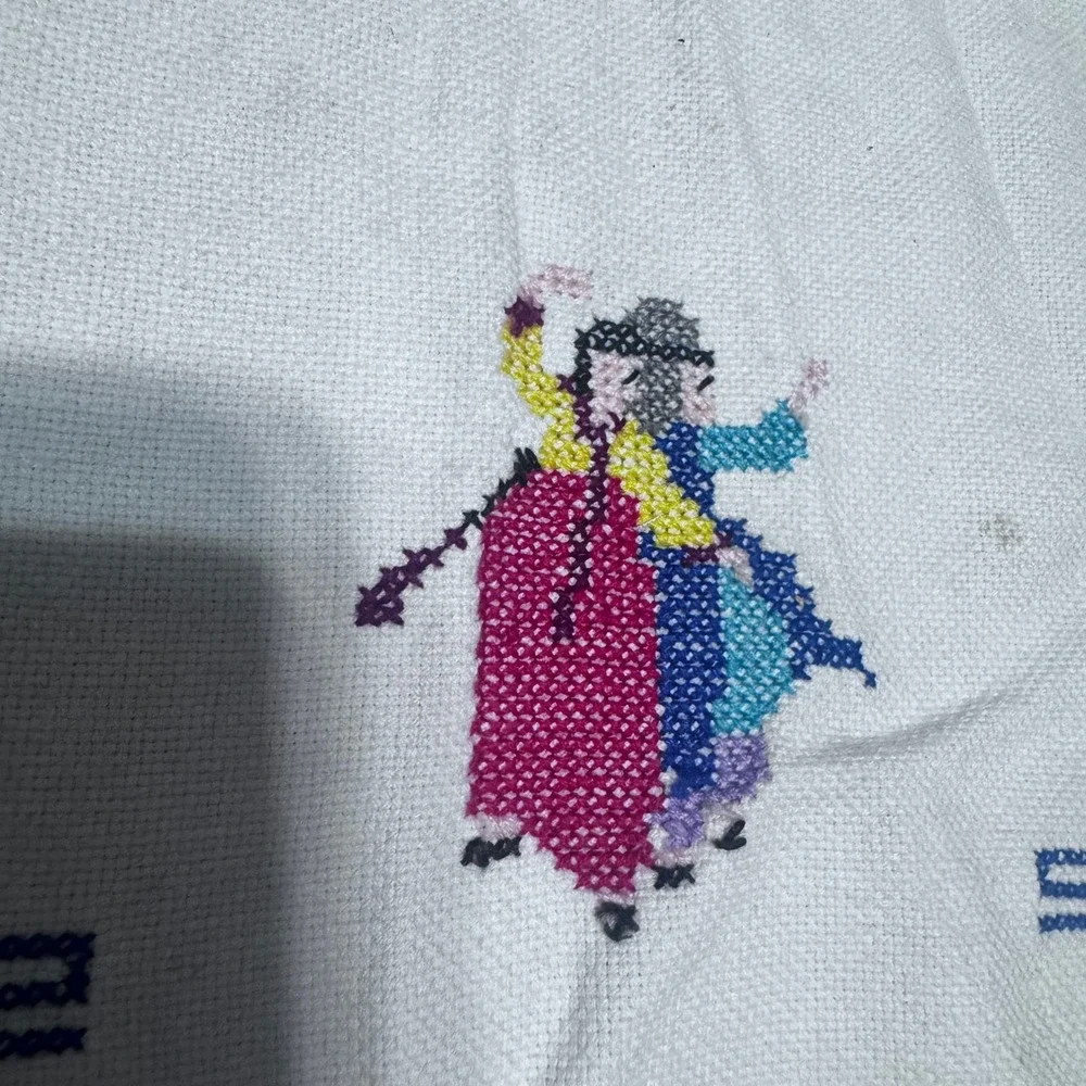 Vintage Korean Folk Art Cross Stitch Embroidered Table Runner Hanbok Figures